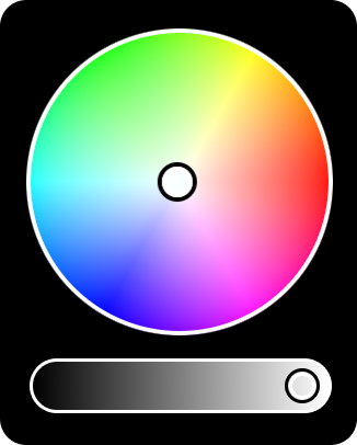 Color wheel showing a full spectrum of hues with a central selector and a grayscale brightness slider below.