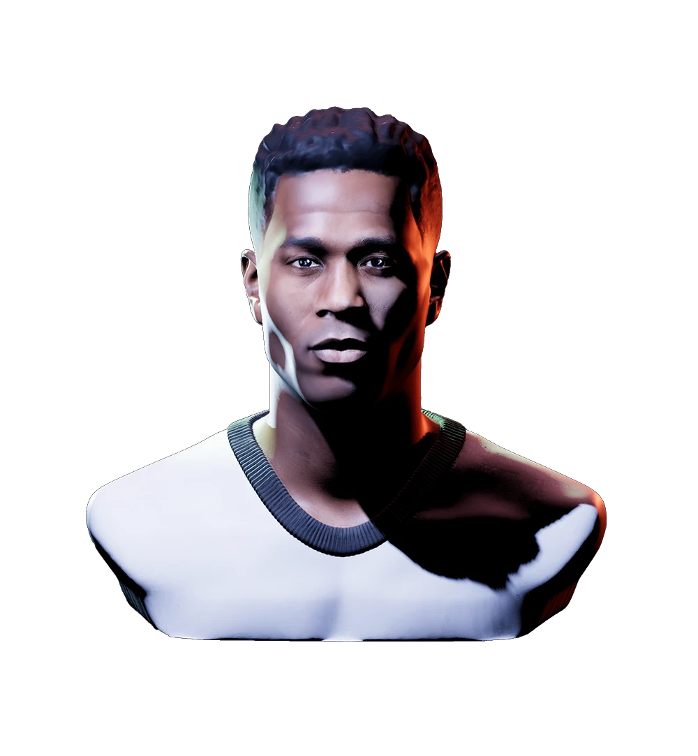 Bust of a man under split lighting conditions