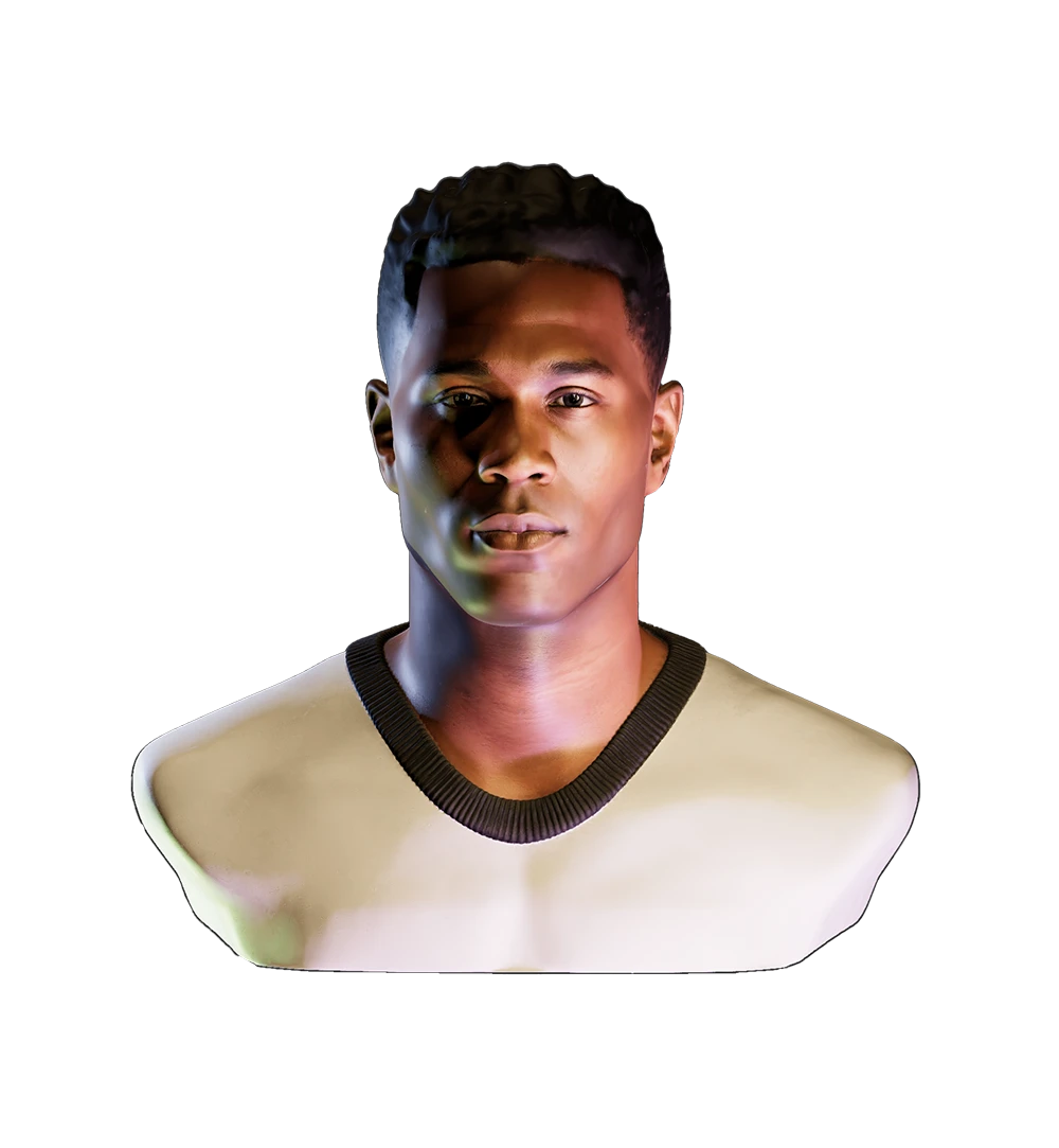 Bust of a man with dramatic lighting coming from below his face