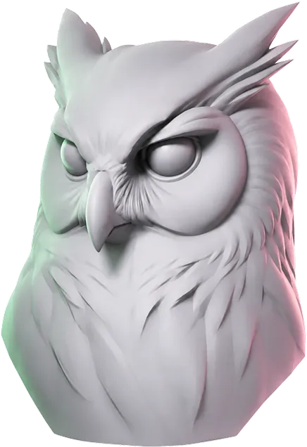 School mascot. Sculpted gray owl bust with detailed feathers and intense eyes.