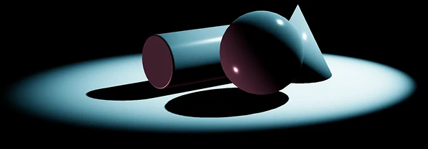 Shape primitives: cylinder, sphere, and cone, casting shadows on a lighted surface.