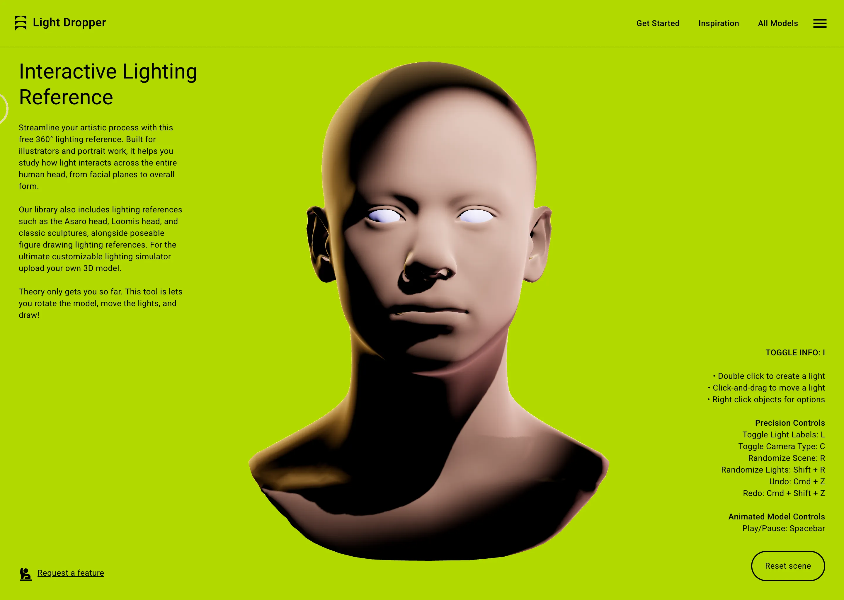 Interactive lighting reference. A hard key light cuts across the face from the upper right while rim accents catch the side of the head and the jaw. 
