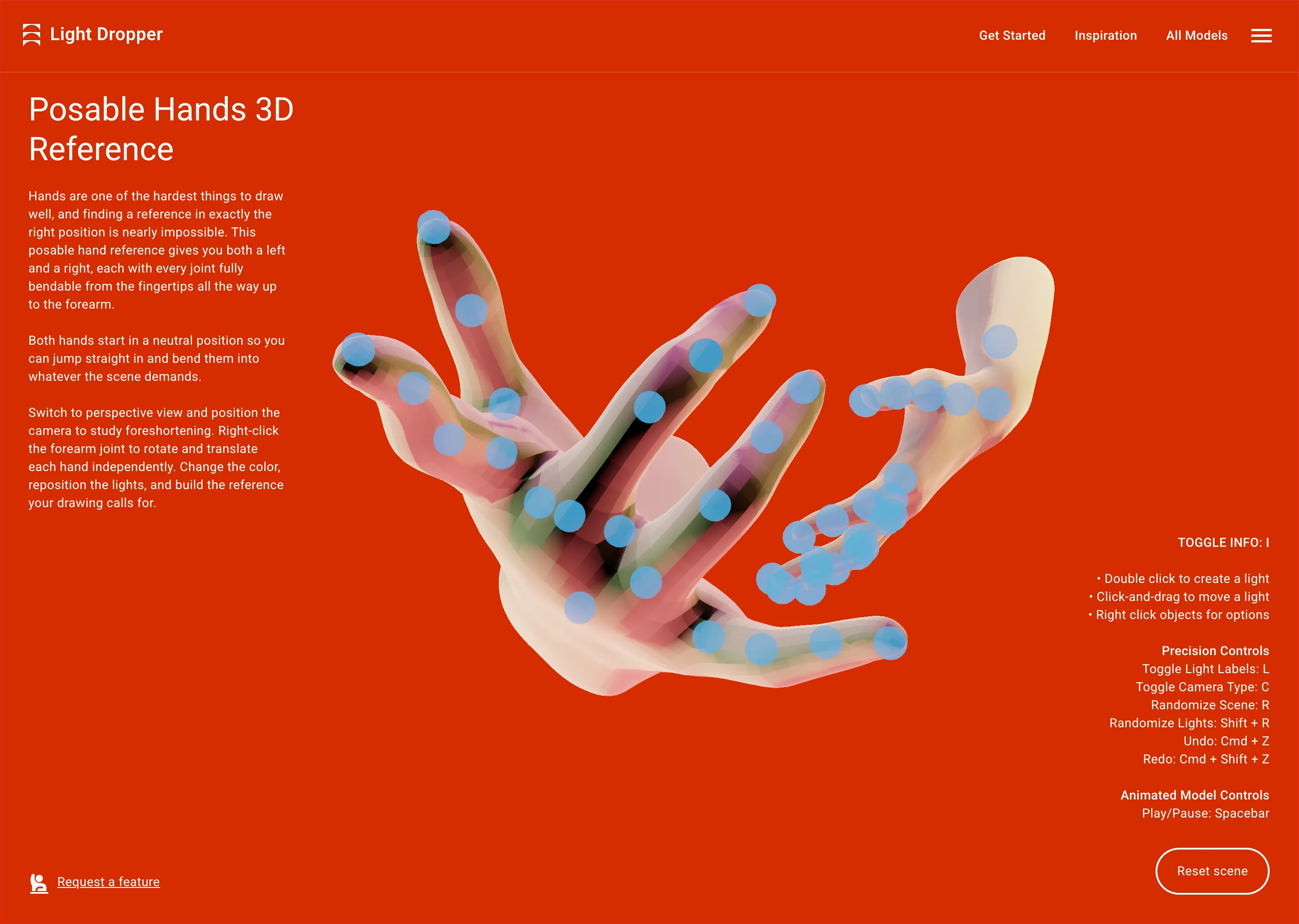 3D posable hands with blue joint markers on a red background and instructions for use.