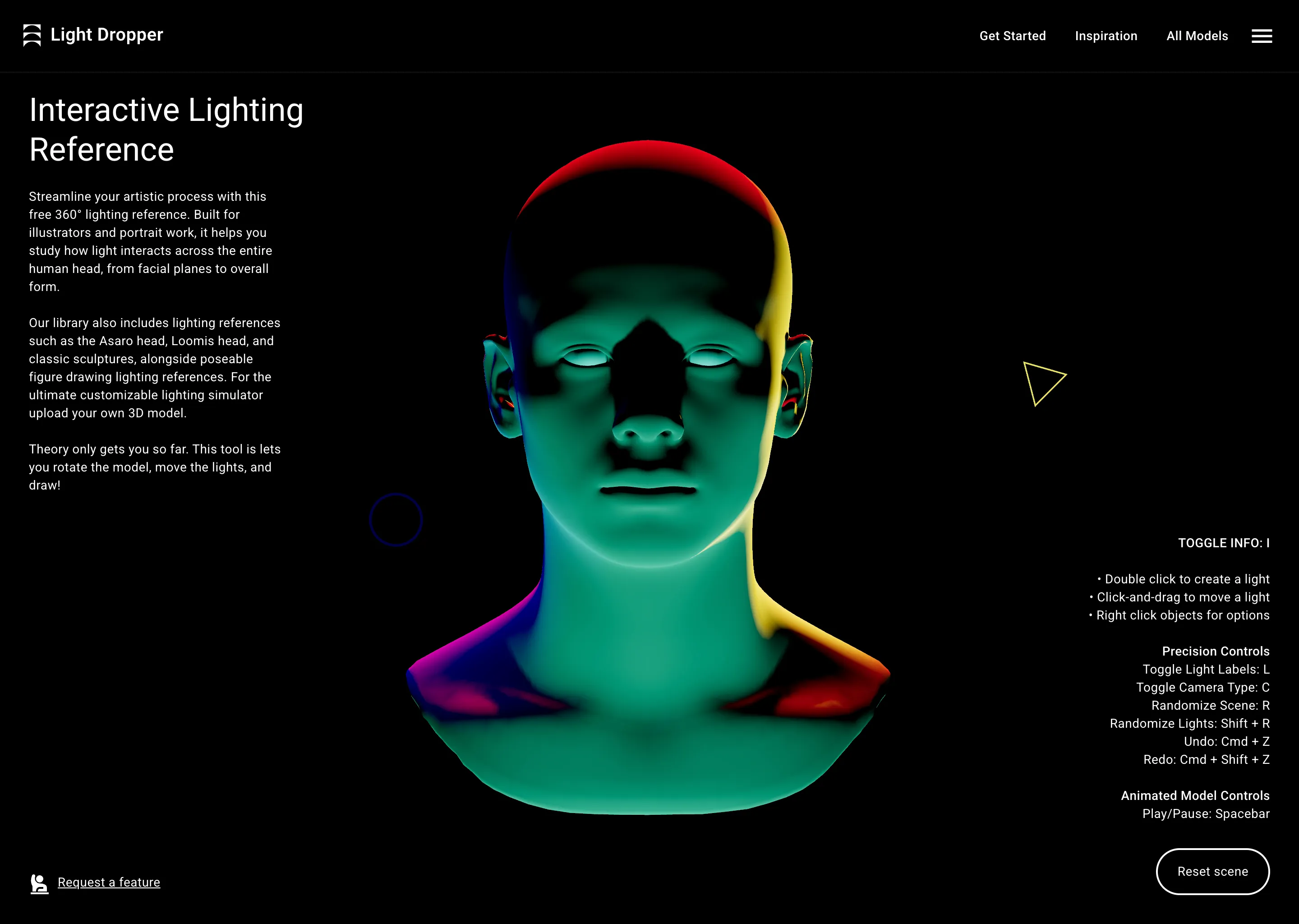 3D front-facing human bust lit with multicolored lighting against a black background.