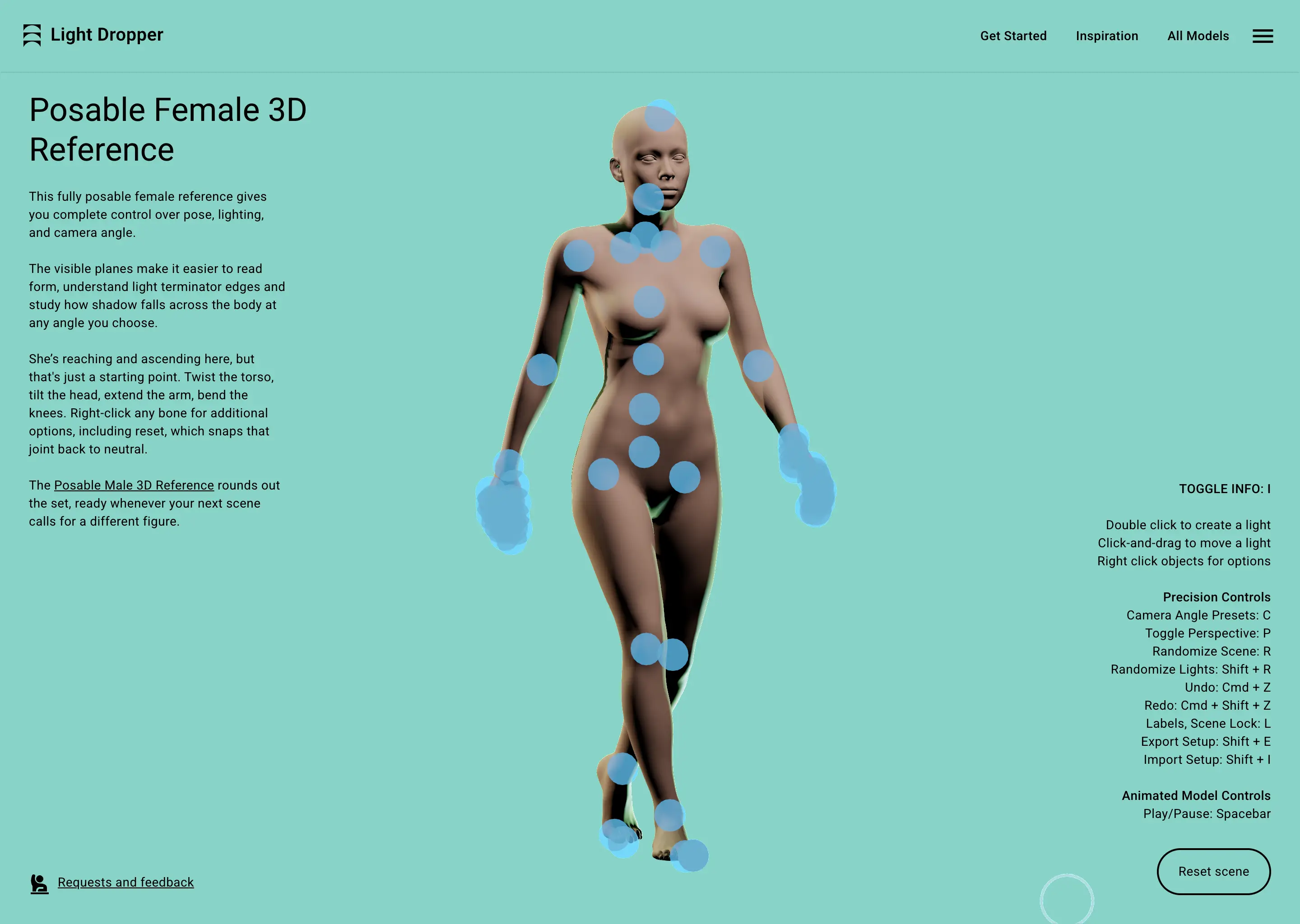 3D posable female model with joint markers on turquoise background with control instructions.