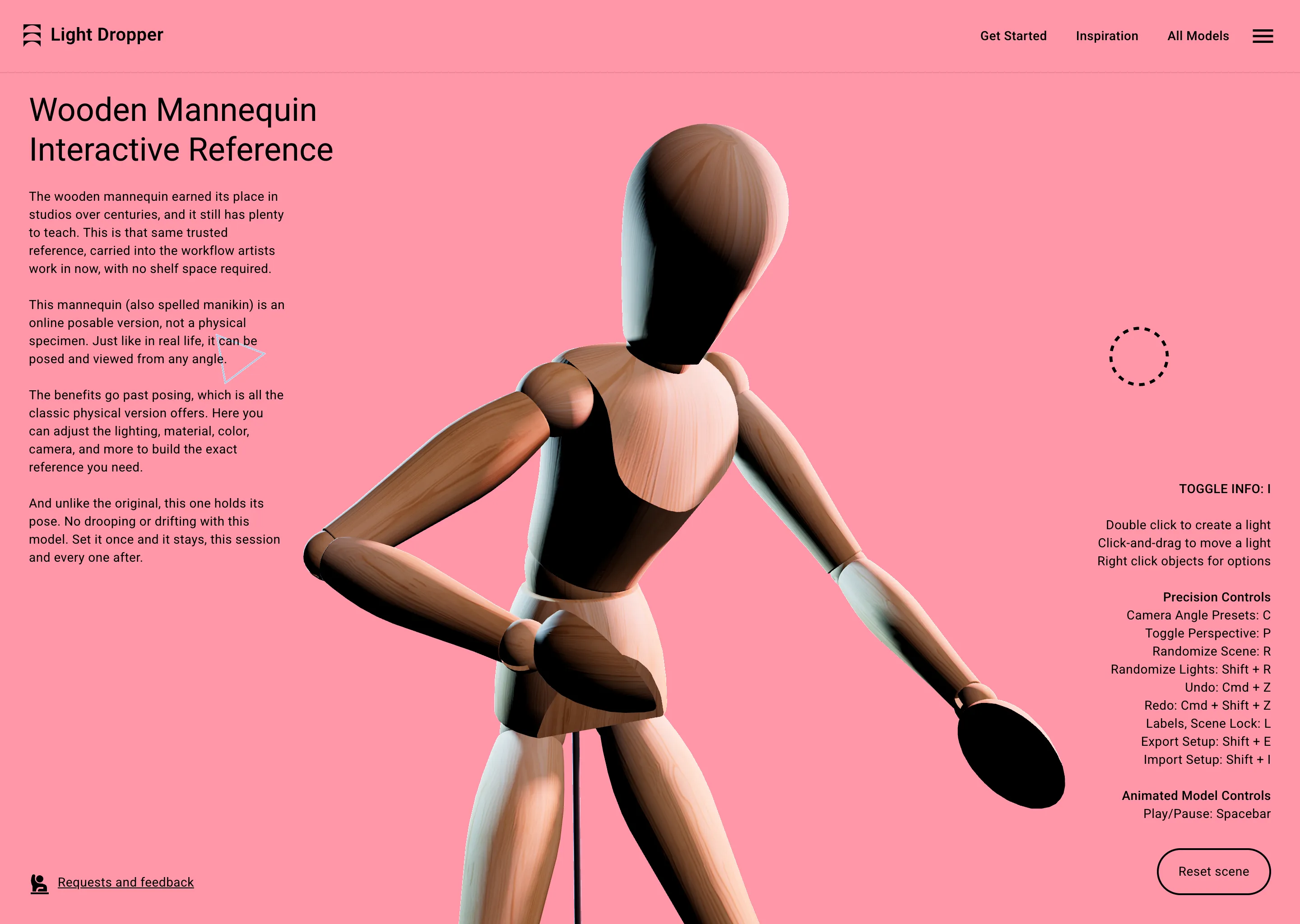 Wooden artist mannequin with adjustable pose on pink background and interface text around it.