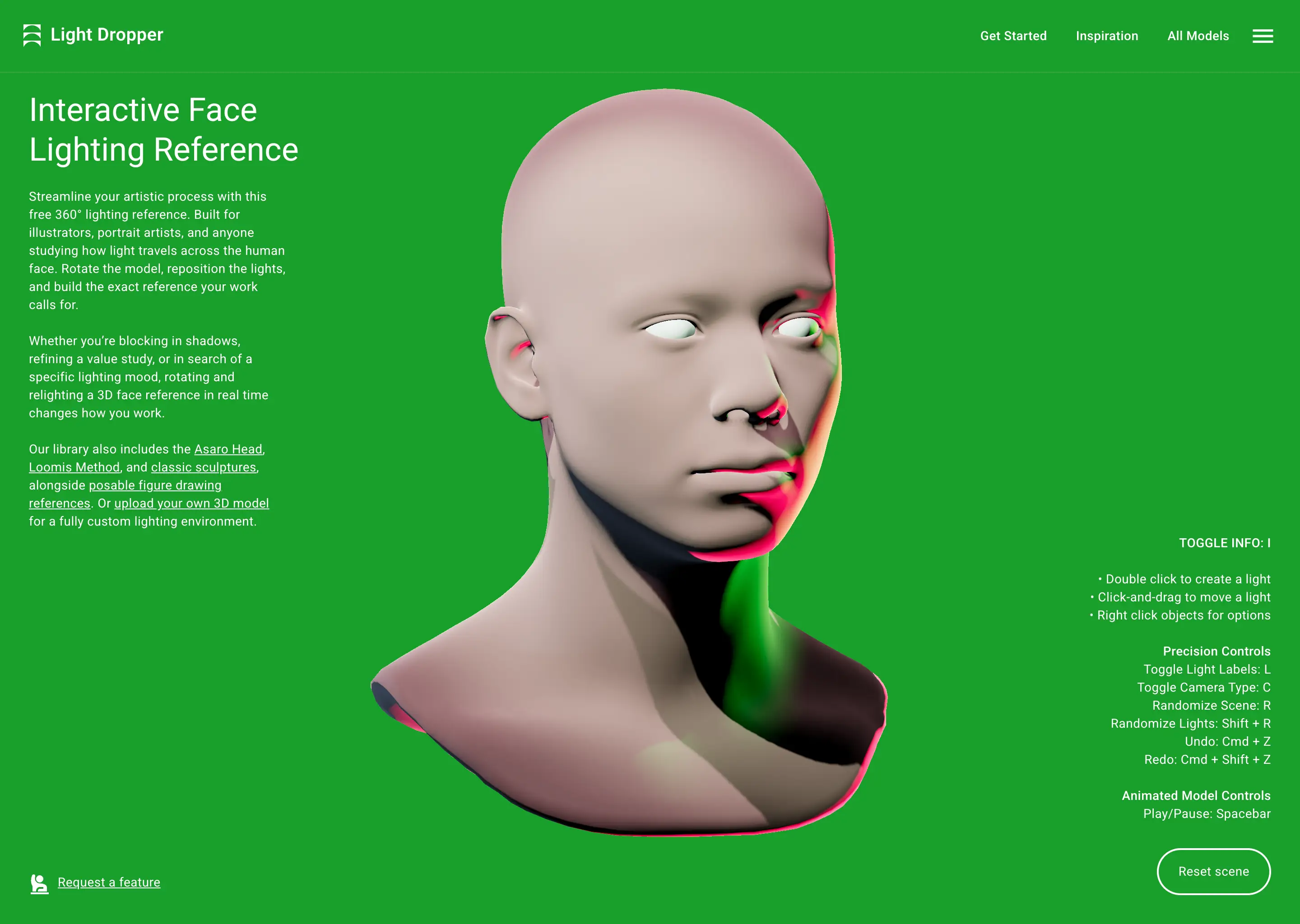 Human bust lit with pink and green lights on a green background with instructional text.