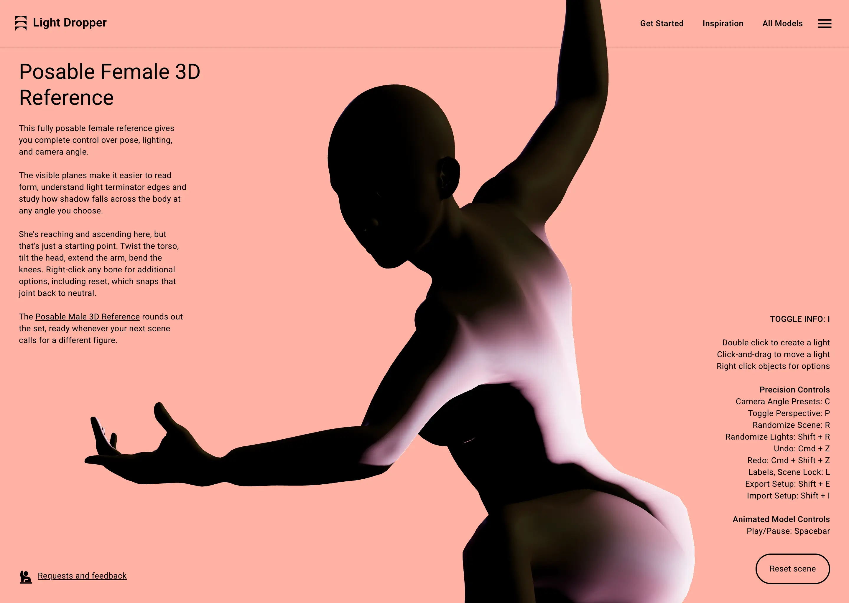 Posable 3D female figure reaching upward on peach background with user controls text on sides.