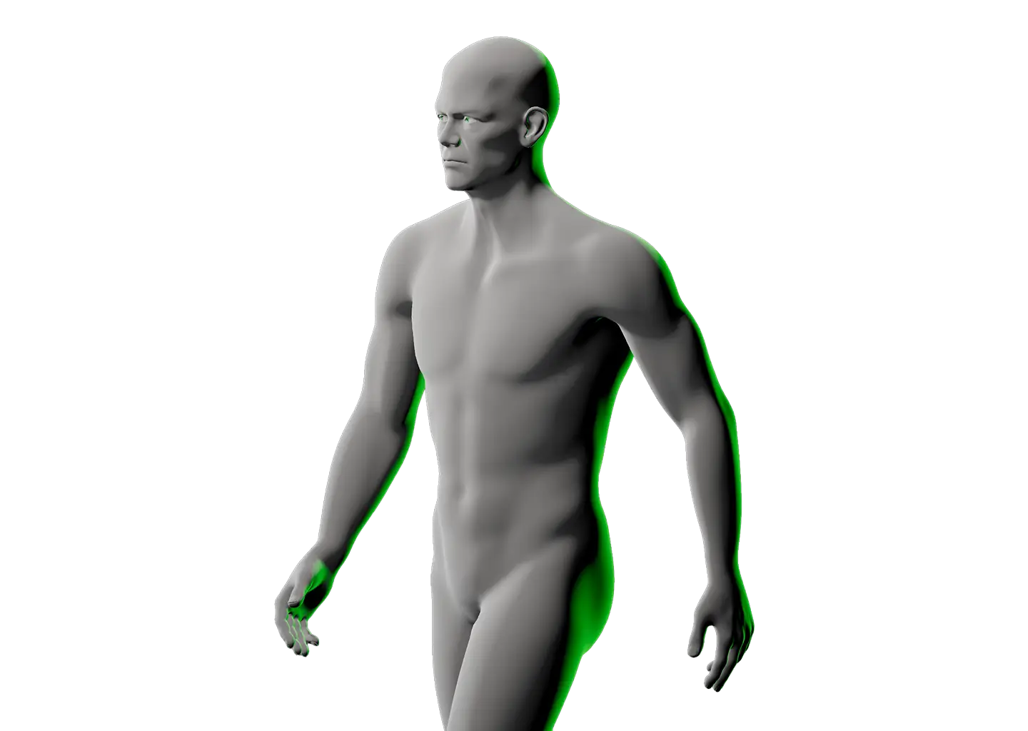 3D male figure walking, facing left, with a green rim light on a transparent background.