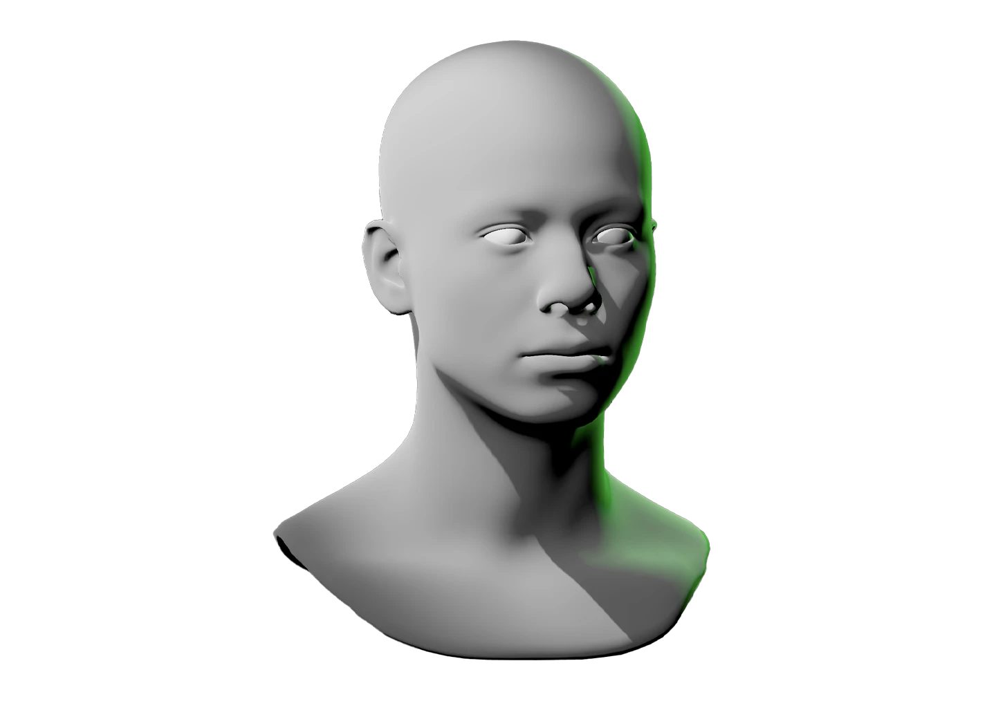 3D bust of a human head and neck with a green light on the right side.