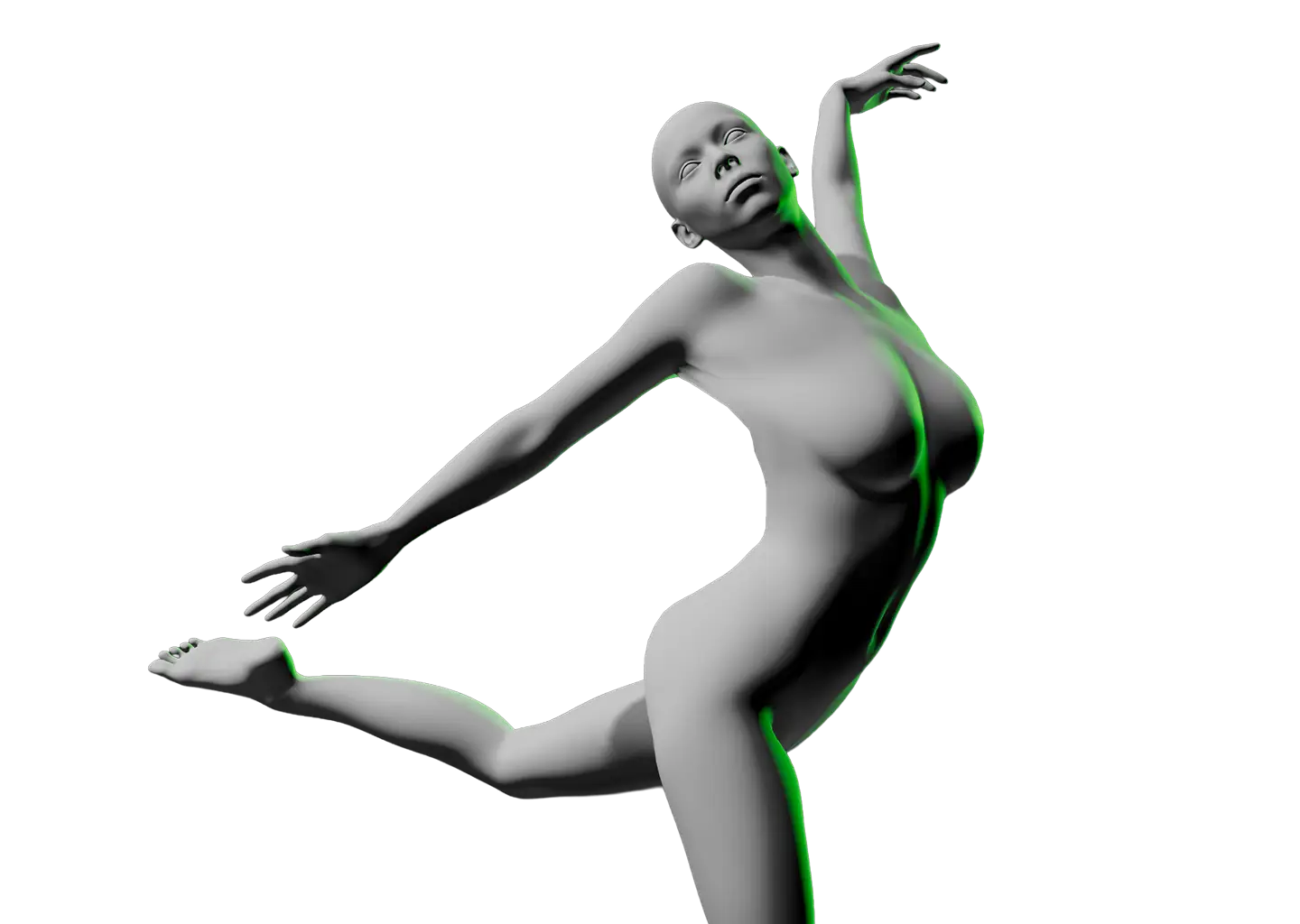 3D female figure in an arched pose with raised arms and one leg extended backward.