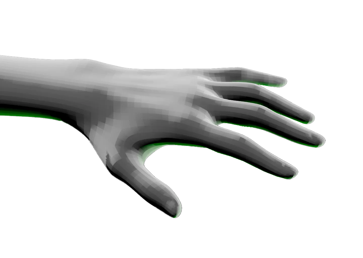 Reference of human hand with fingers slightly spread apart and a green rim light.