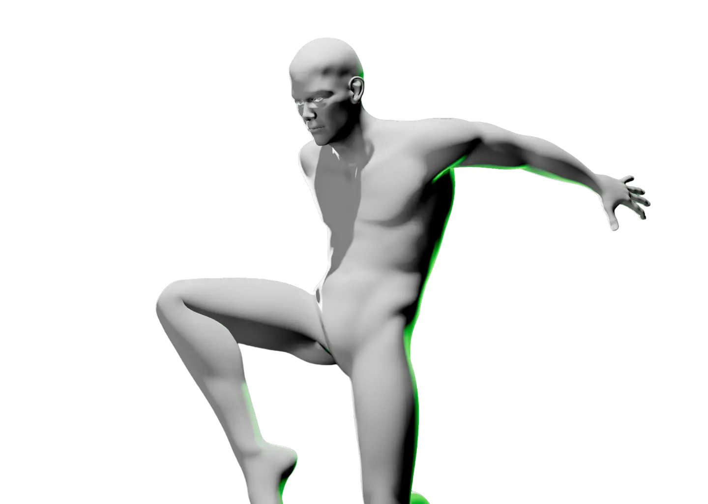 Male posable model in dynamic pose with one leg raised and arms outstretched with green highlight on right.