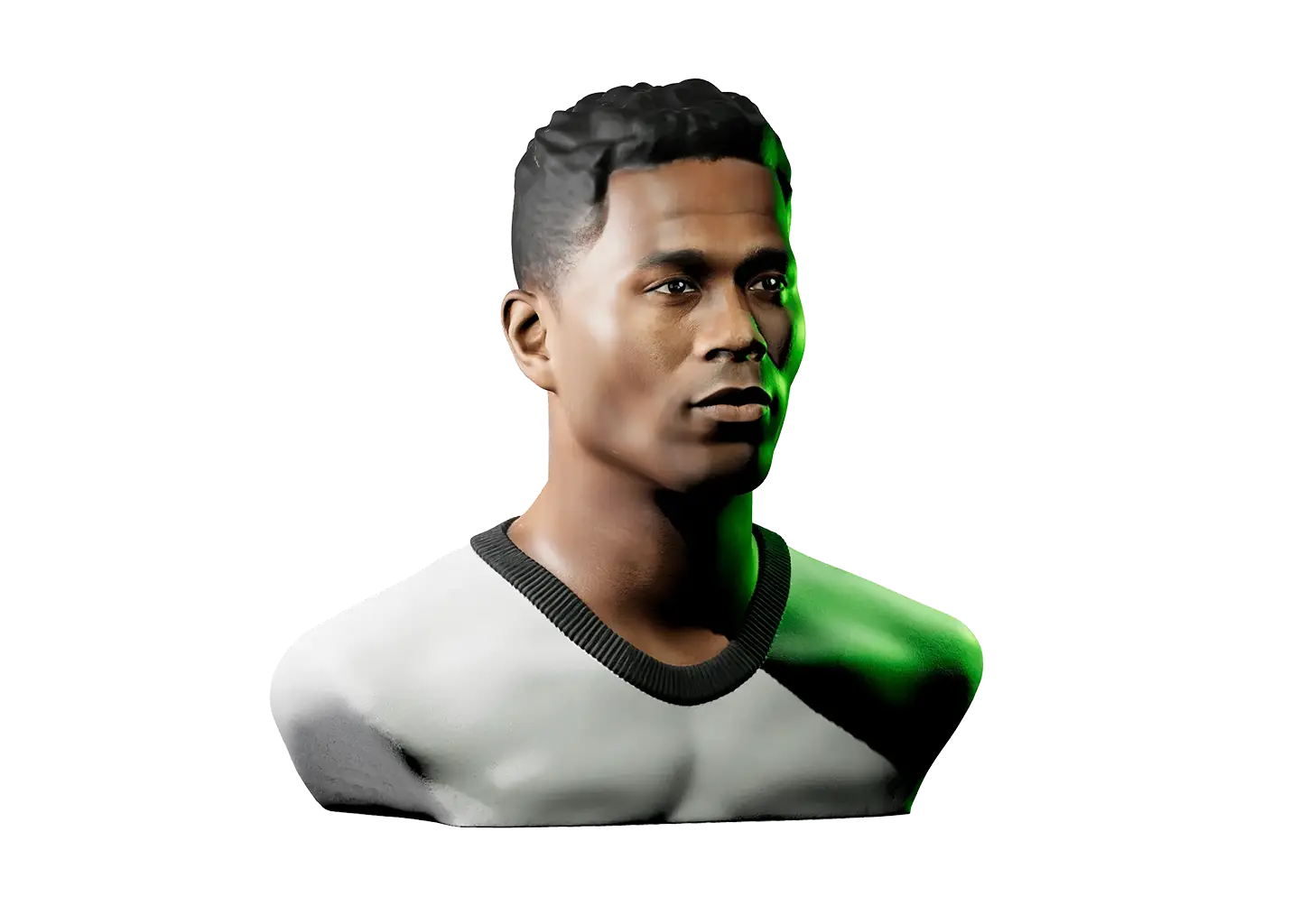 Realistic portrait of African American man with rim and accent lighting on right side.
