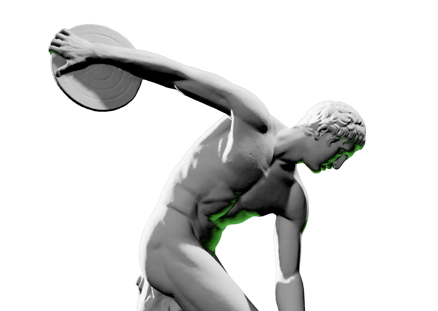 Marble statue of a nude male athlete holding a discus in throwing position with dramatic lighting.