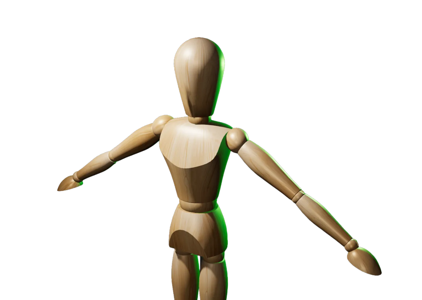 Posable wooden artist mannequin with arms extended sideways.